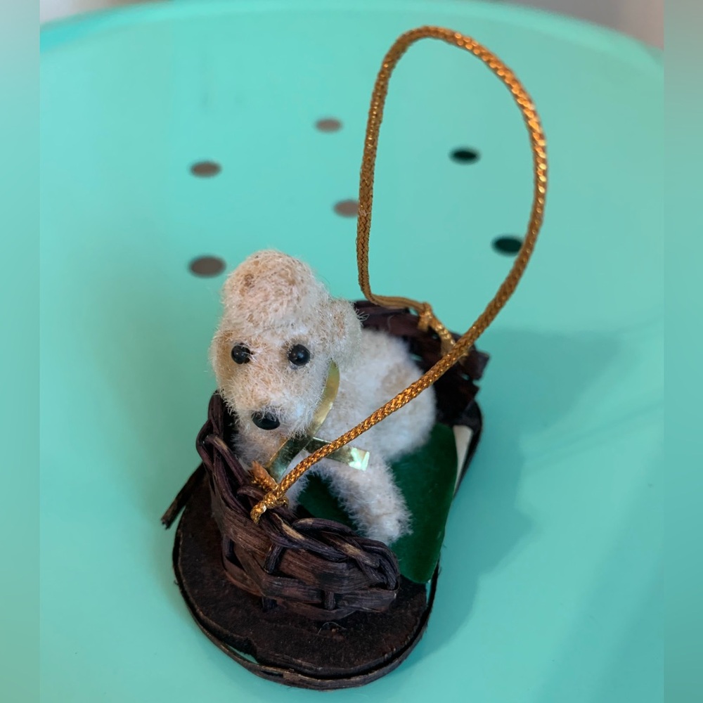 Vintage Kunstlerschutz Flocked Ivory Poodle in Woven Basket Ornament